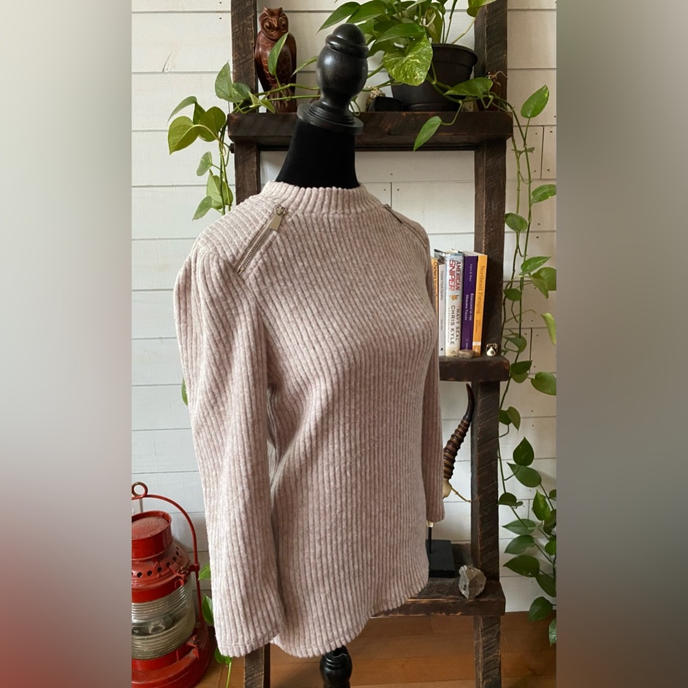Olivia Blu: Cream Tan Soft Sweater with Zippers at Collar - Picture 3 of 17